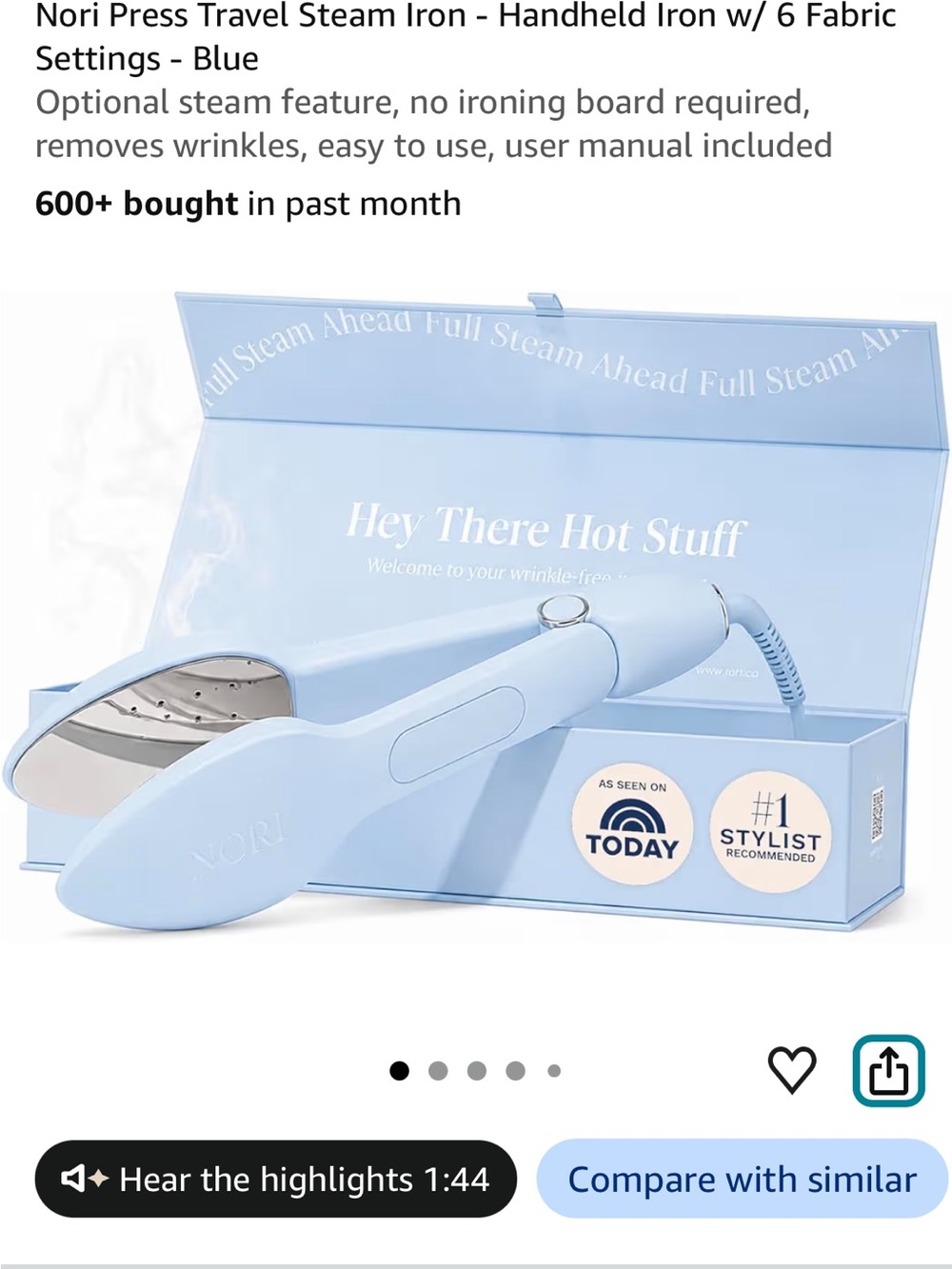 NIB NORI Steam Iron - Portable Handheld Steamer in Light Blu